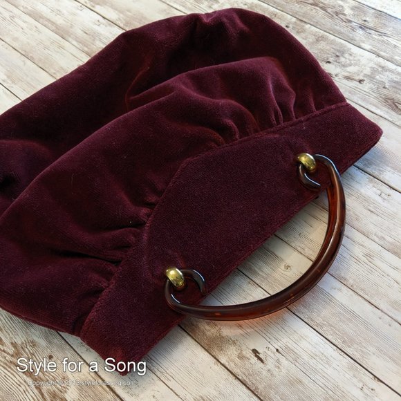Vintage Burgundy Velvet Tortoise Handle Handbag - Picture 9 of 12